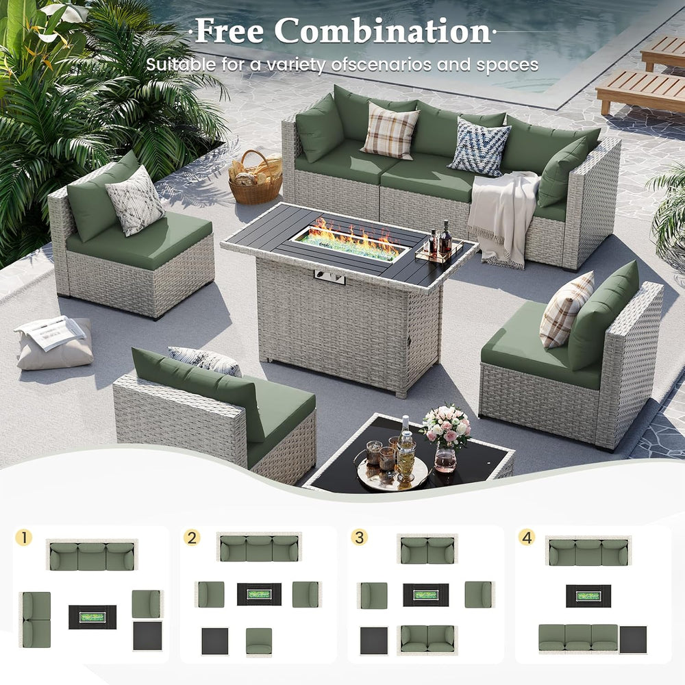 Outdoor Patio Furniture Set with Fire Pit 8 Pcs Wicker Sectional Sofa Green