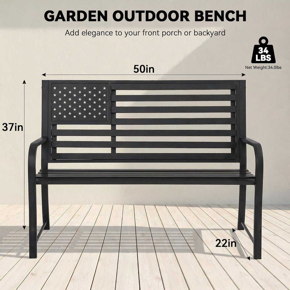 50" Garden Bench Outdoor Bench with American Flag Style, Cast Iron Metal...