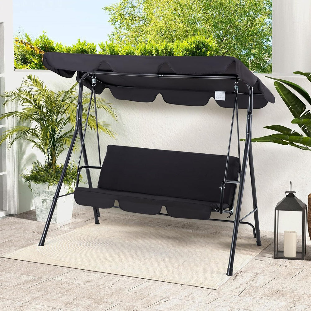 Esright 3-Seat Outdoor Porch Swing Chair with Adjustable Canopy, Balck