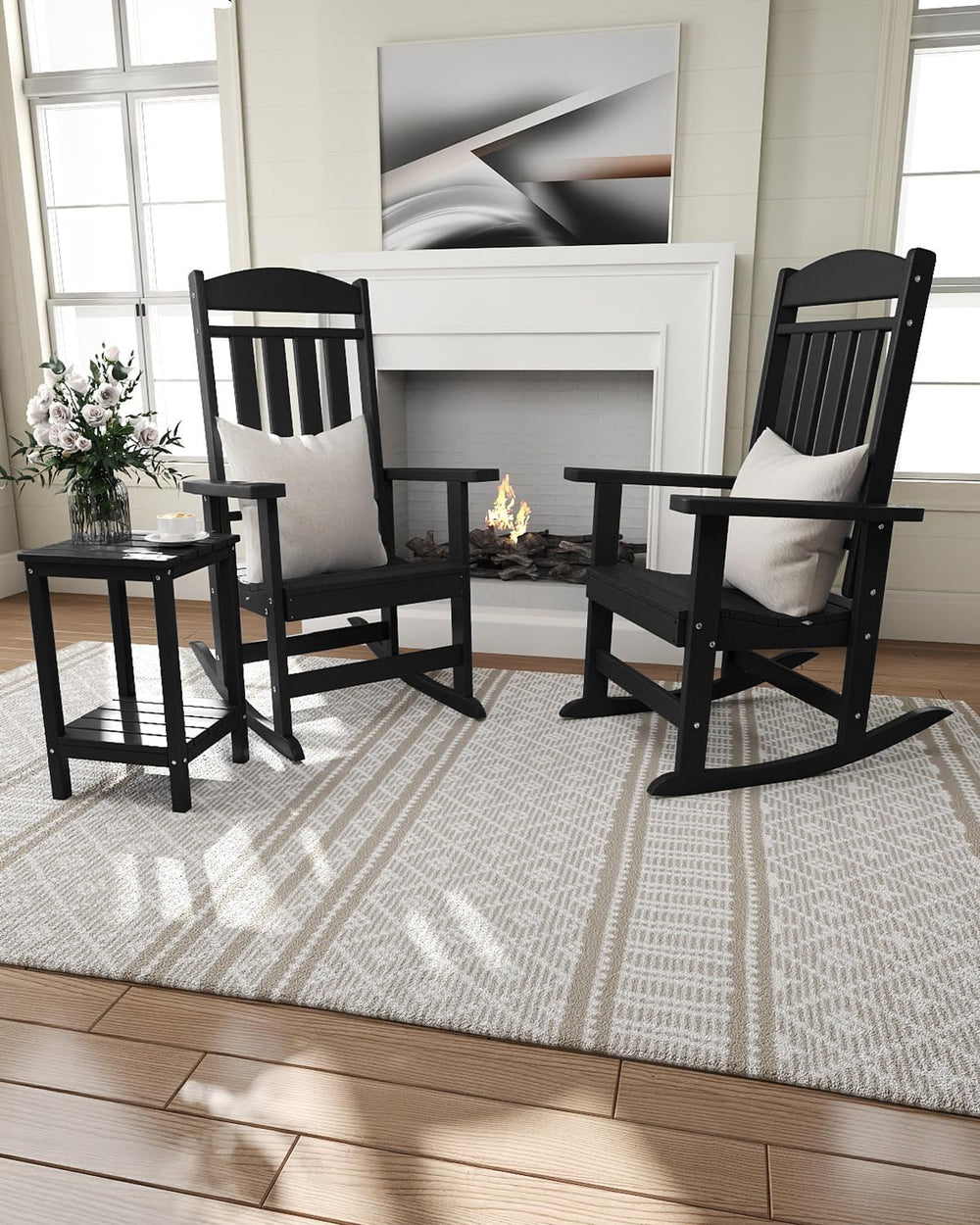 Outdoor Rocking Chairs Set of 2, High Back Rocker, HDPE, Black