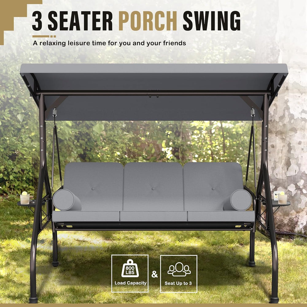 3-Seat Patio Swing Chair, Outdoor Porch Swing with Cushions,Pillows & Cup...