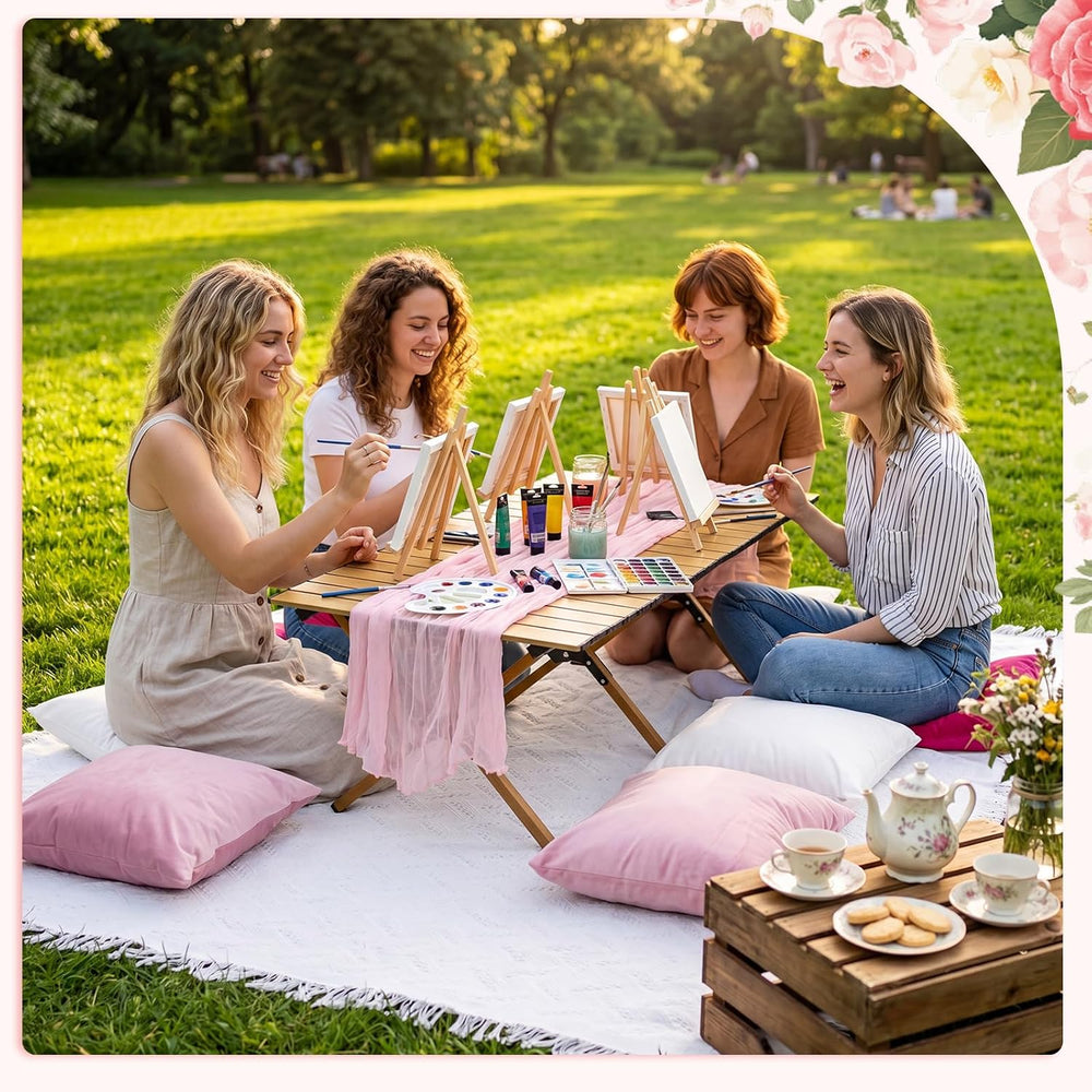 Leinuosen 9 Pcs Boho Picnic Set with Folding Low Table, Pink