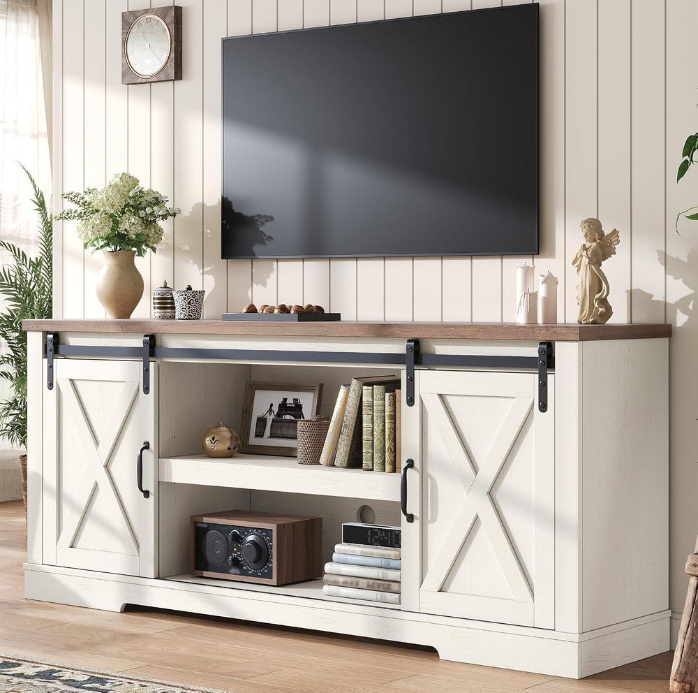 AMERLIFE 4 Piece Farmhouse Table Set with 66" TV Stand, Distressed White