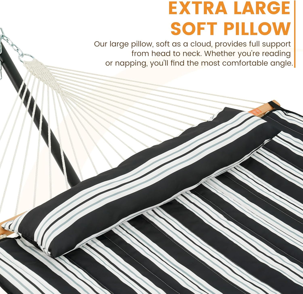 Lazy Daze Rope Hammock with Stand and Pad for Outside, Black White