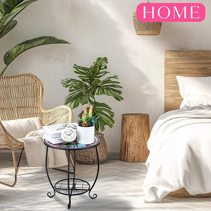 Outdoor Side Table Round Small Mosaic Patio Accent Indoor End Plant Coffee Te...