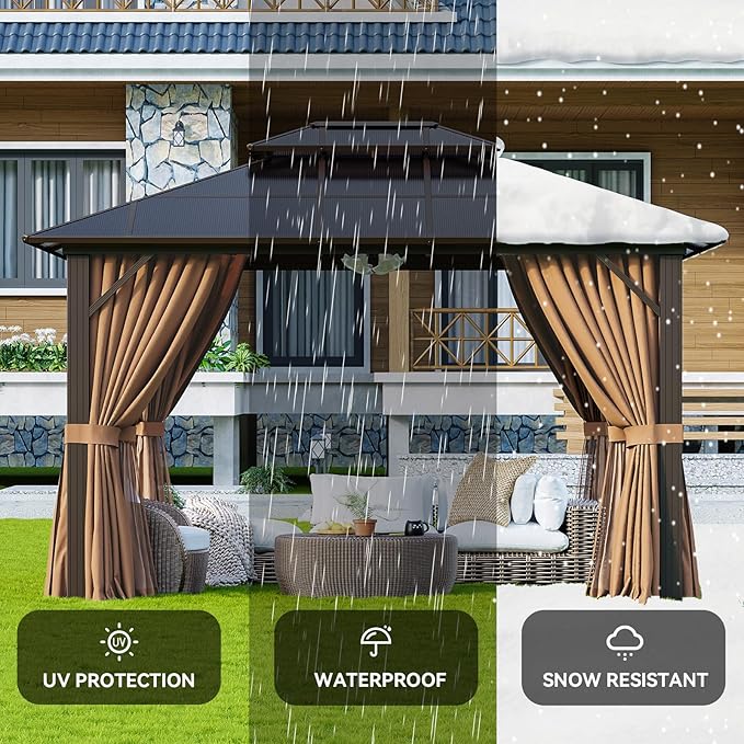 Aoxun 10'x12' Hardtop Gazebo, Aluminum Frame Permanent Pavilion with ...
