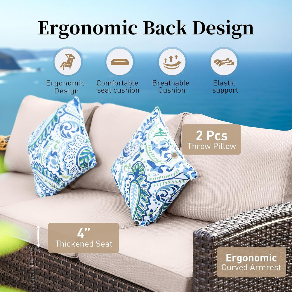 3-Seat Wicker Patio Sofa, 4" Thick Cushions, Brown/Beige