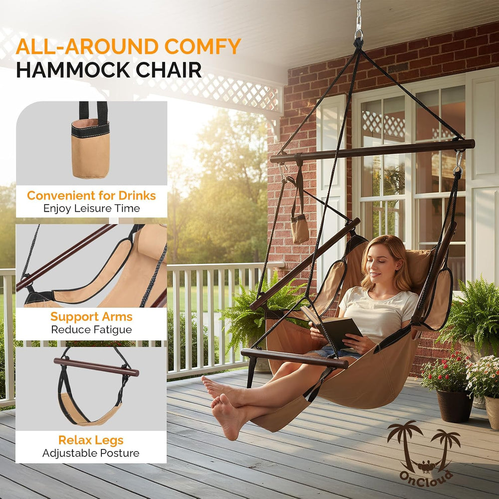 Upgraded Unique Hammock Hanging Sky Chair, Air Deluxe Swing Seat with Rope (Tan)