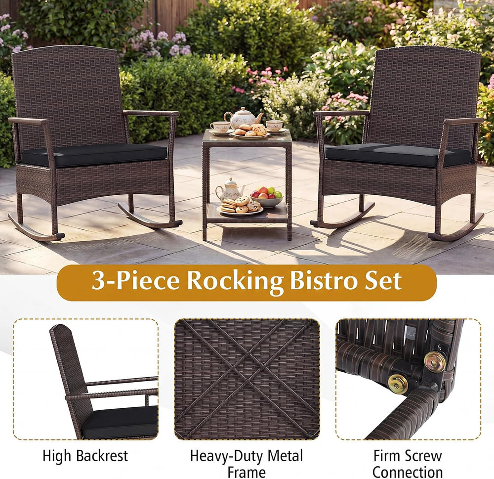 Tangkula 3-Piece Outdoor Bistro Set Wicker Rocking Chairs (Black)