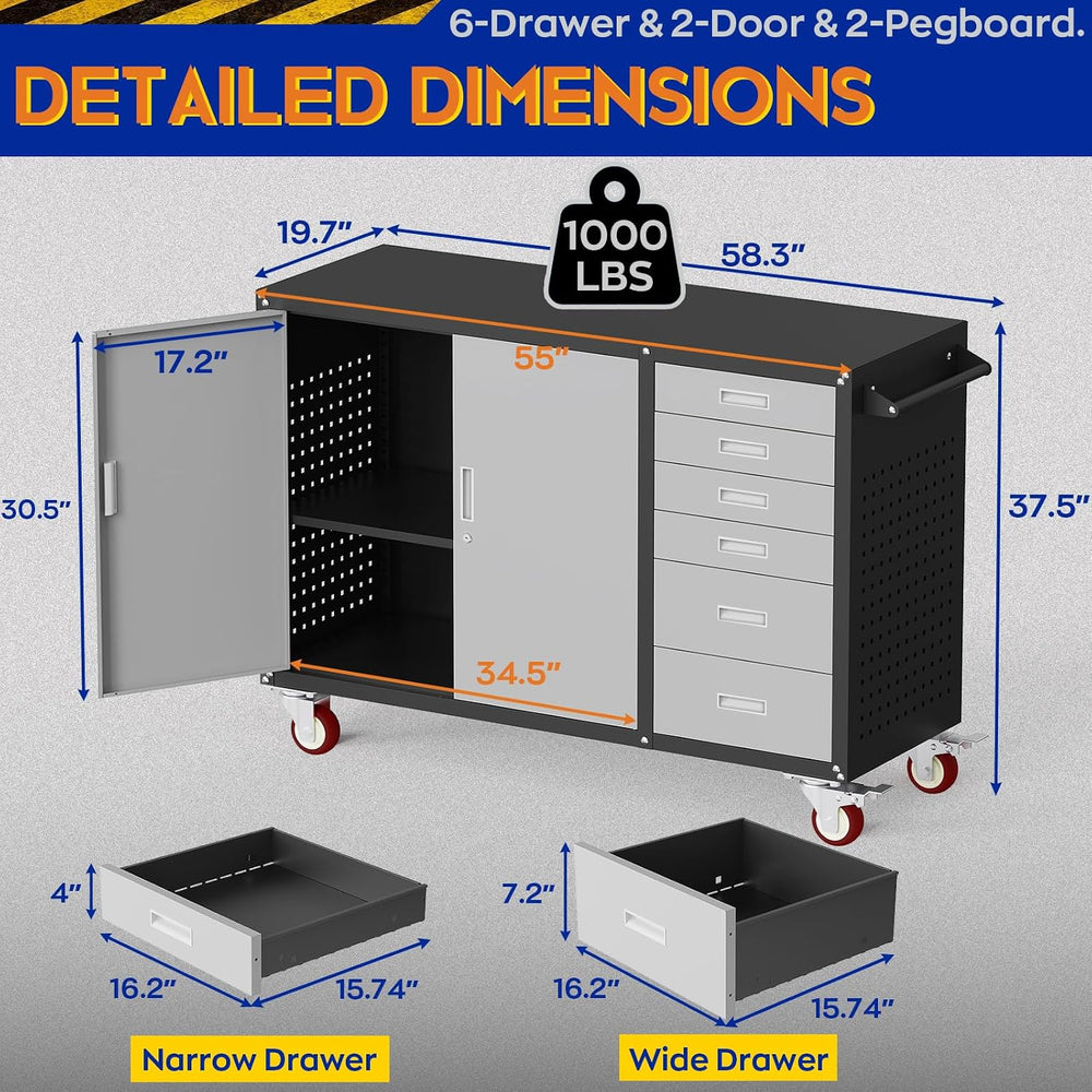 Eltean 55" W Rolling Workbench with 6 Drawers and Storage Cabinet,1000 L...
