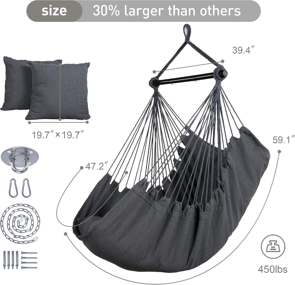 Hammock Chair Swing with Steel Support Bar, Side Pocket, Dark Gray