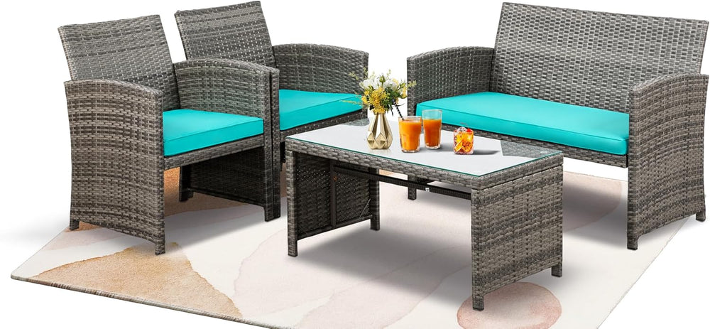 SUNLEI 4-Piece Outdoor Patio Furniture Set, Rattan Chair Wicker Conversation ...