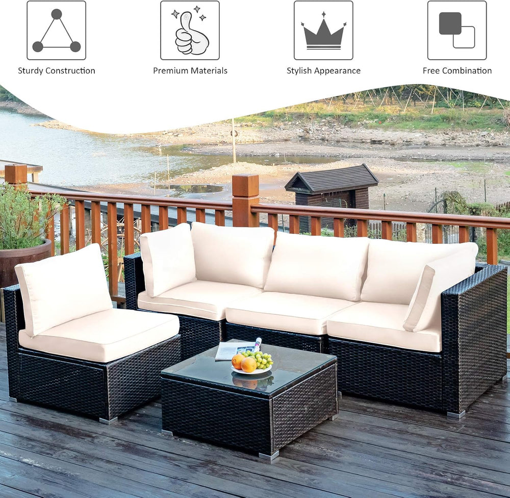 Tangkula 5 Pieces Patio Furniture Set, All Weather Wicker L-Shaped Corner Sof...