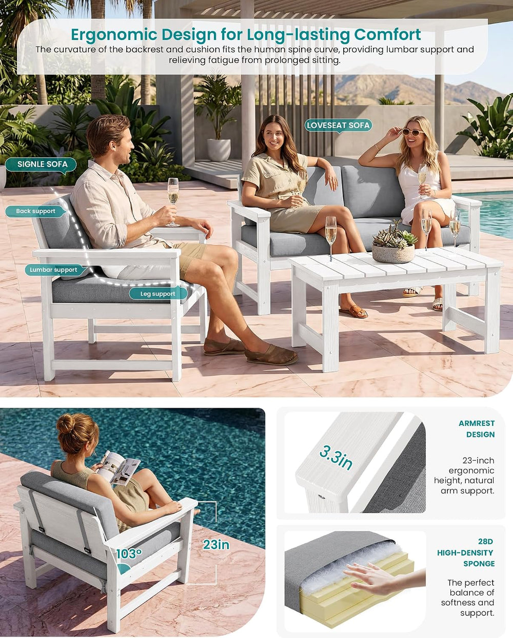 SERWALL 4 Pieces HDPE Outdoor Conversation Sofa Set with Cushions