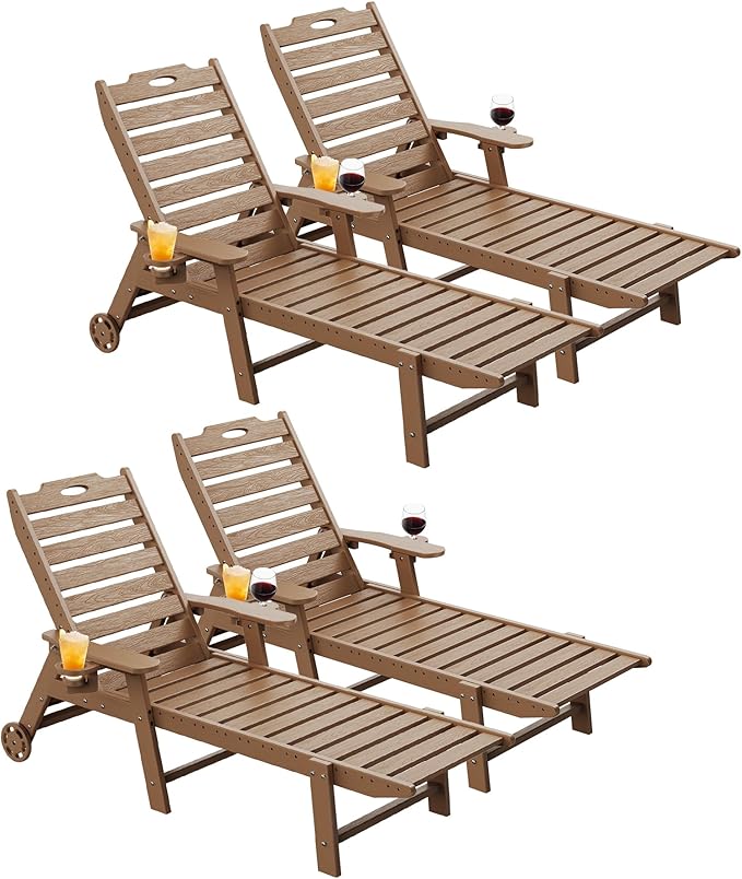Carauci Lounge Chair Outdoor Set of 4, HDPE Chaise Lounge with Wheels, 5-Posi...