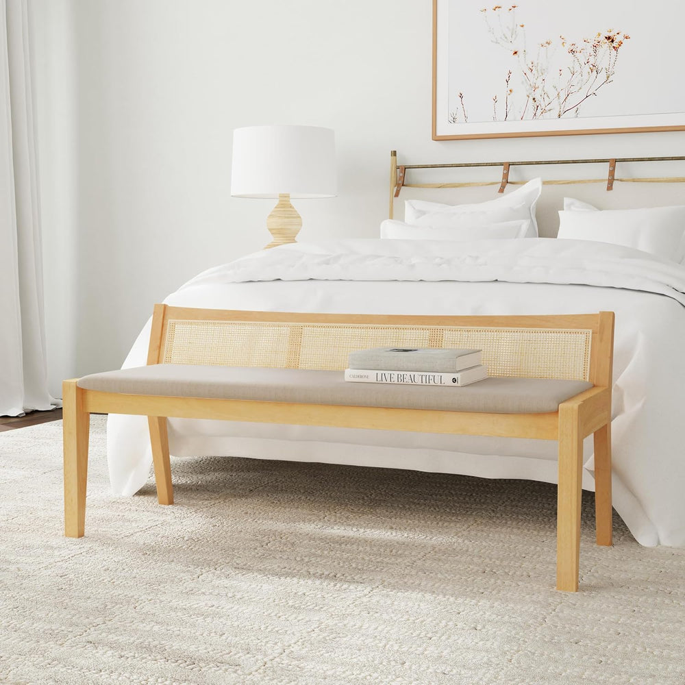 Powell Kasi Natural Low Back Cane Bench with Beige Upholstered Seat