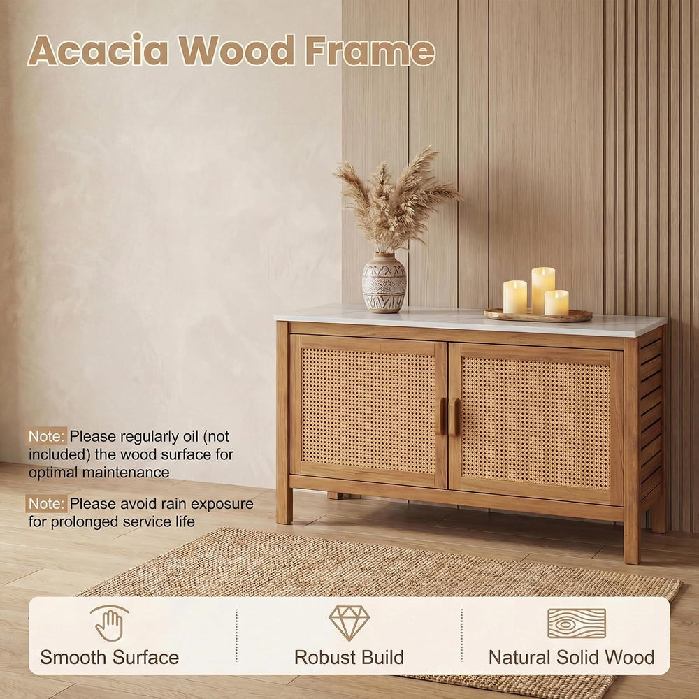 Giantex Acacia Wood Outdoor Cabinet, Storage Cabinet w/Faux Marble Top, Ratta...