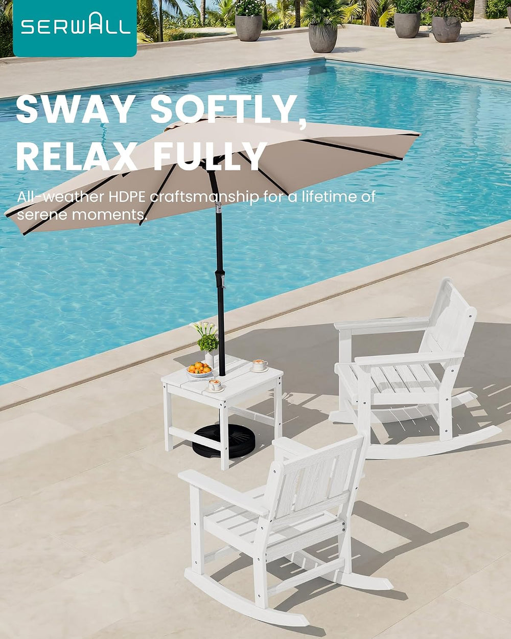 SERWALL 3-Piece Patio Furniture Set with 2 Rocking Chairs & Table, White