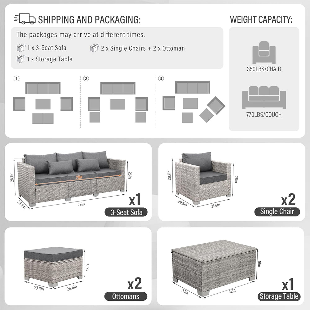 WAROOM Patio Furniture Set 6 Piece PE Rattan Outdoor Conversation Sets Grey W...