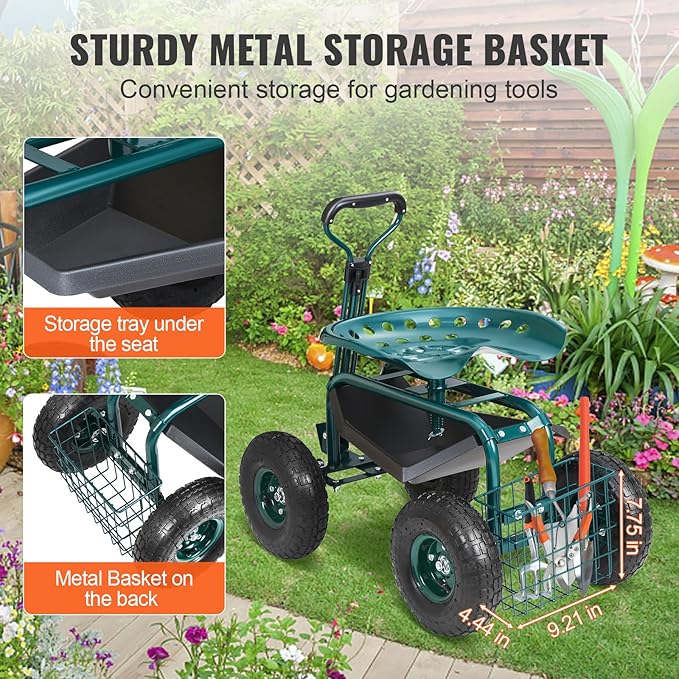 VEVOR Garden Cart Rolling Workseat with Wheels, Gardening Stool for Planting,...