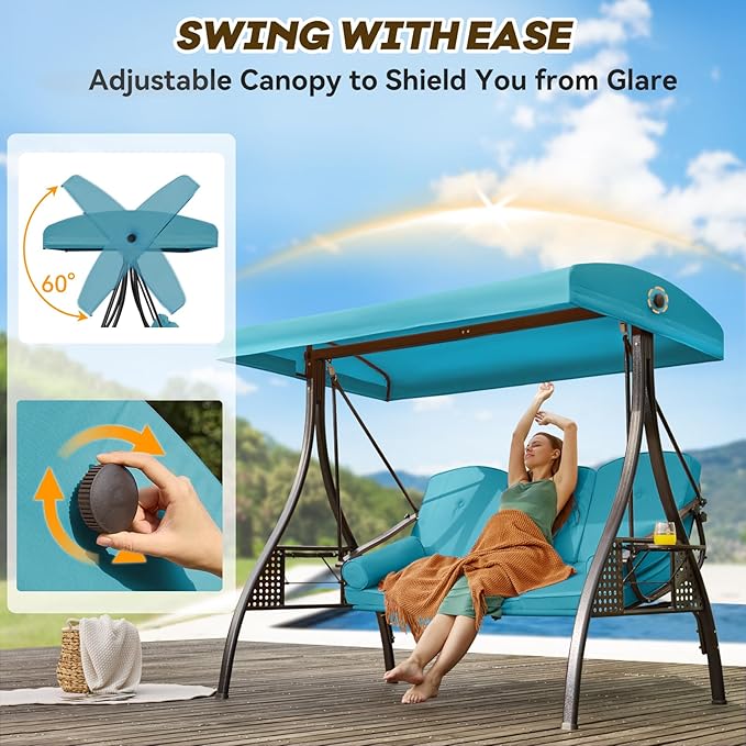 3 in 1 Outdoor Porch Swing with Adjustable Canopy, 3 Seat Outdoor Swing for A...