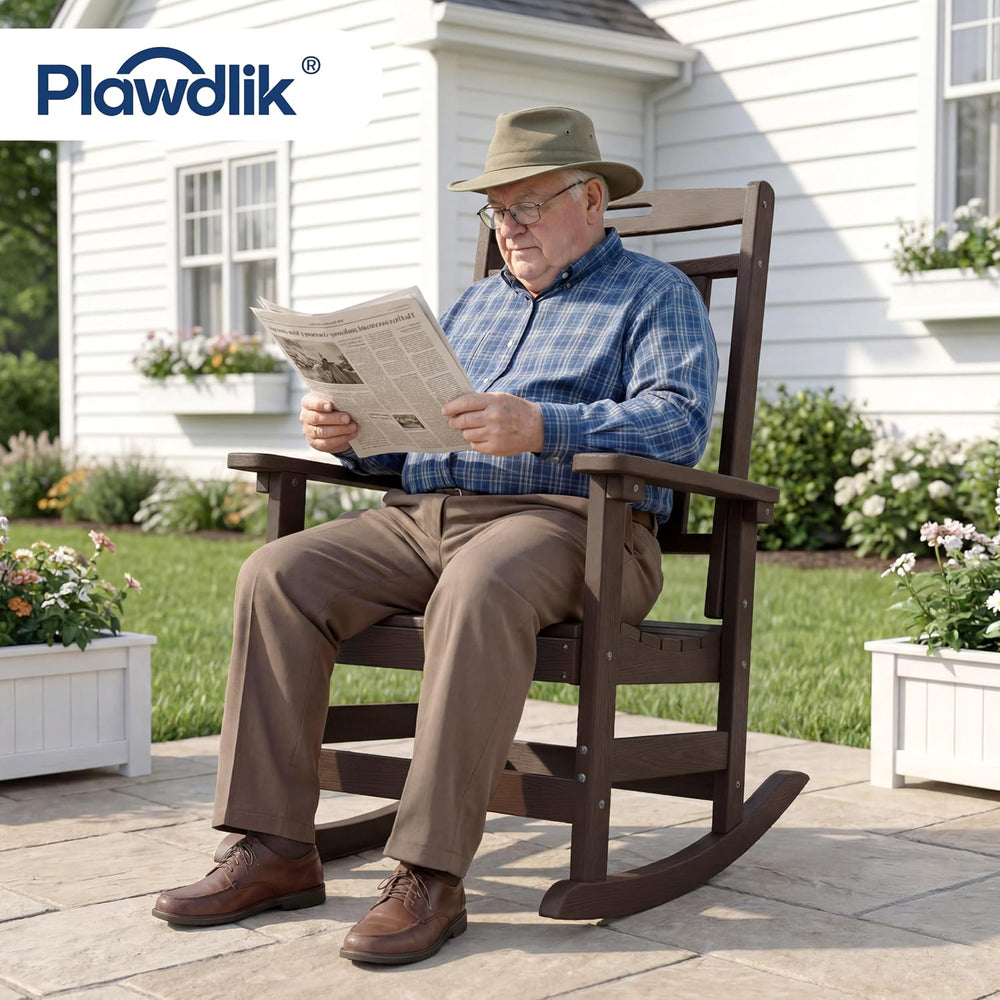 Plawdlik Oversized Outdoor Rocking Chair, All-Weather Patio Rocker, Coffee