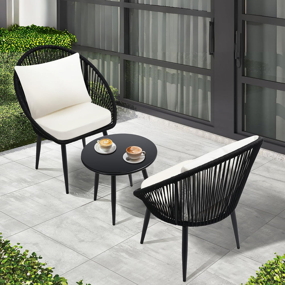 wildformers 3-Piece Bistro Set, Woven Rope Chair with Cushions, Black