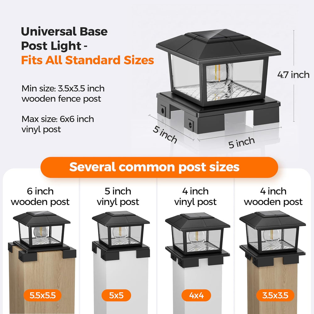 VOLISUN Metal Solar Post Cap Lights, Edison Bulb Light 2Pack,Black