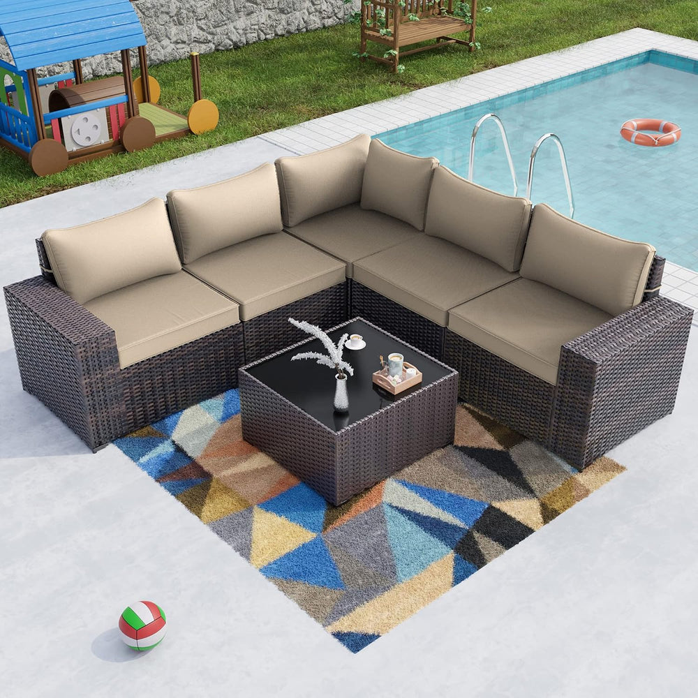 6 Piece Patio Furniture Set, Outdoor Wicker Sectional Sofa