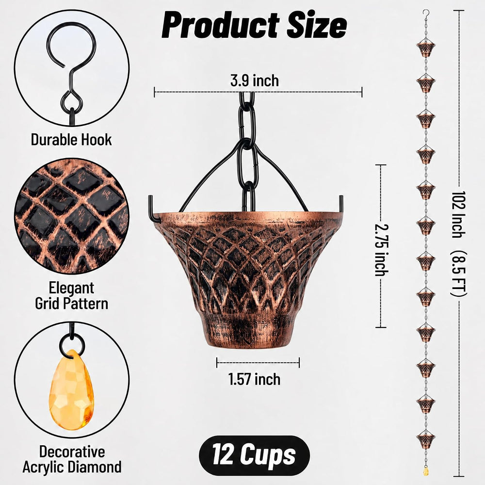 Rain Chains for Gutters Outside Copper Rain Chain 8.5FT 12 Cups