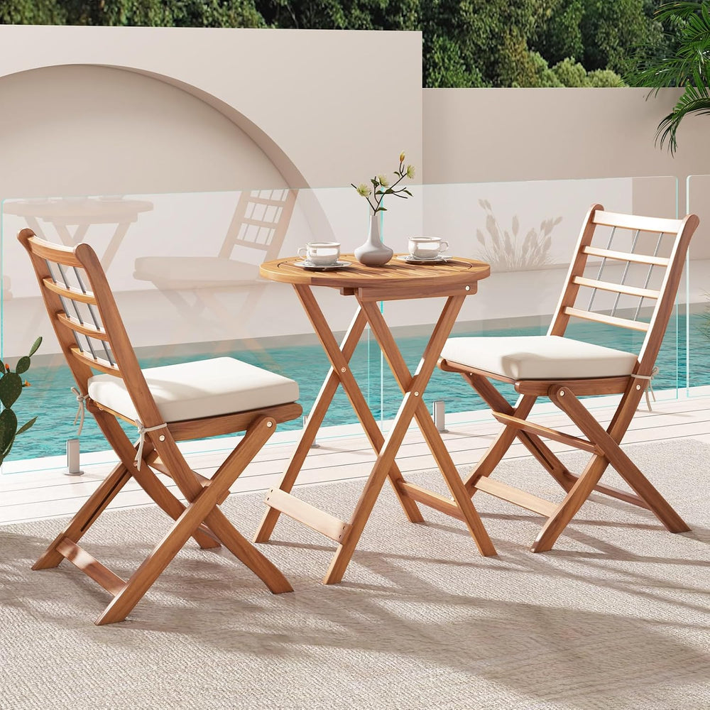 ORALNER 3-Piece Folding Patio Bistro Set, Small Outdoor Acacia Wood Balcony F...