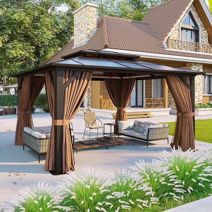 Aoxun 12'x10' Hardtop Gazebo, Aluminum Frame Permanent Pavilion with ...