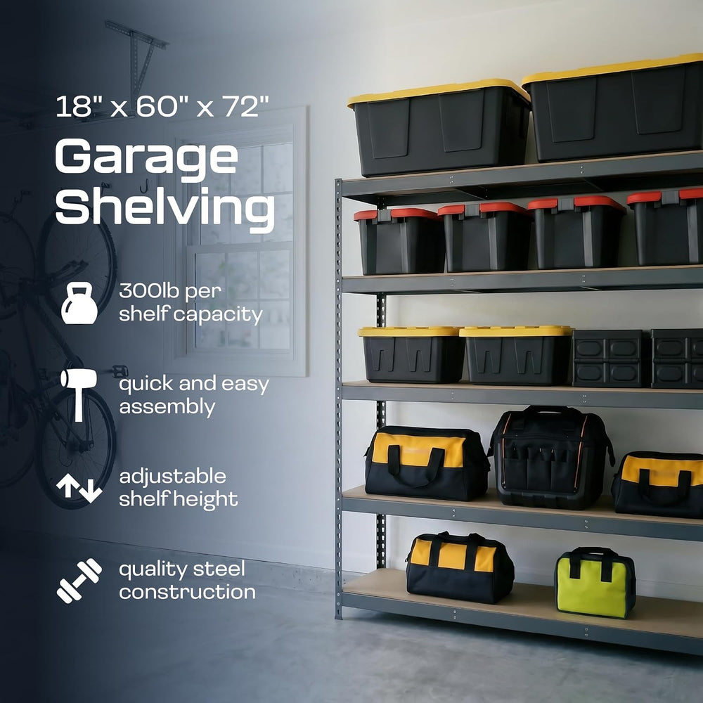 MonsterRAX 5-Tier Garage Shelving Unit 18x60x72, Steel Storage Rack, Gray