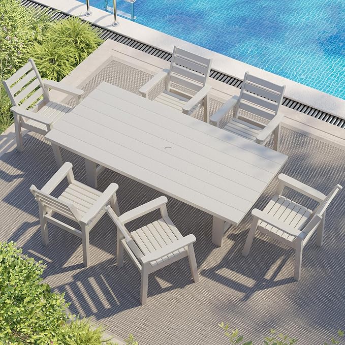 AMERLIFE 7-Piece HDPE Outdoor Dining Set with Umbrella Hole, 71" L Patio...