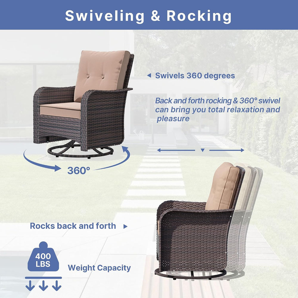 7Pcs Patio Furniture Swivel Chair Set with 55,000 BTU Round Fire Pit-Sand