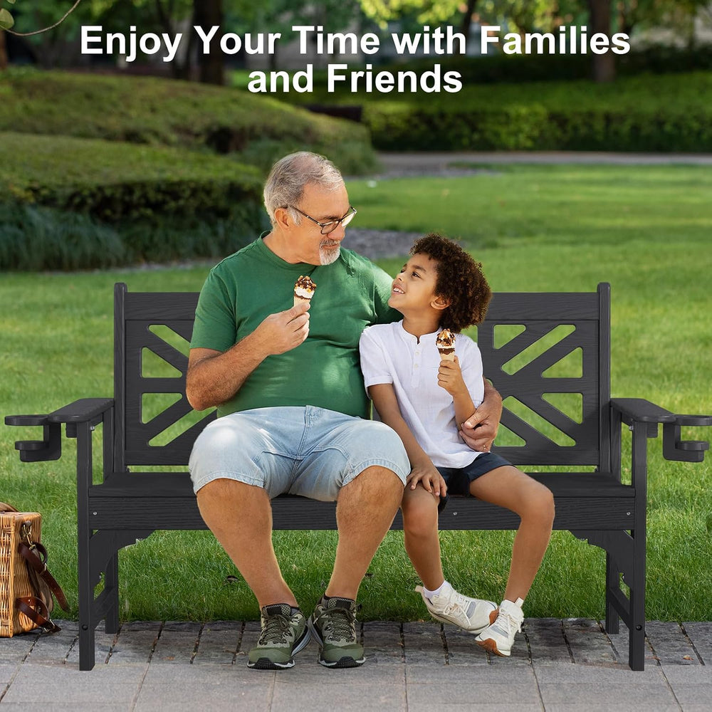 Oversized Outdoor Bench Set of 2, 51.5” HDPE Aesthetic Garden Bench with Cup ...