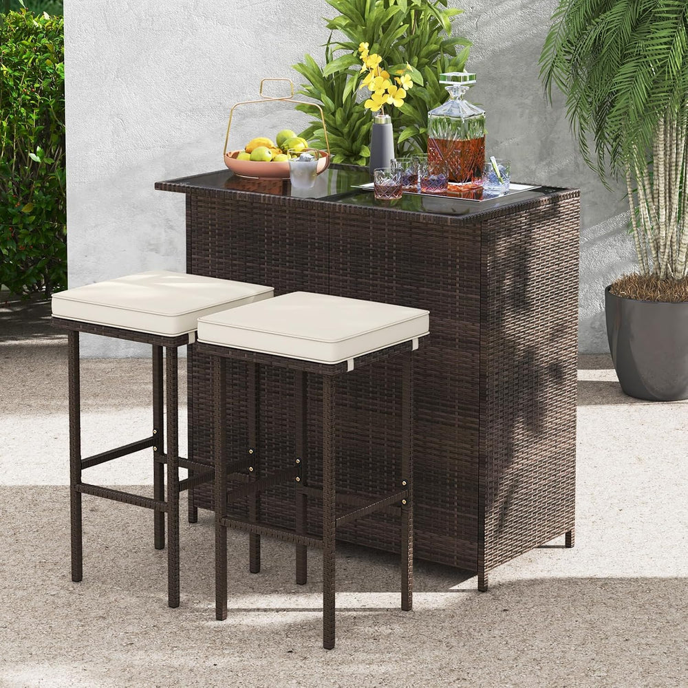 Tangkula Patio Bar Set, 3 Piece Outdoor Rattan Wicker Bar Set with 2 Cushions...