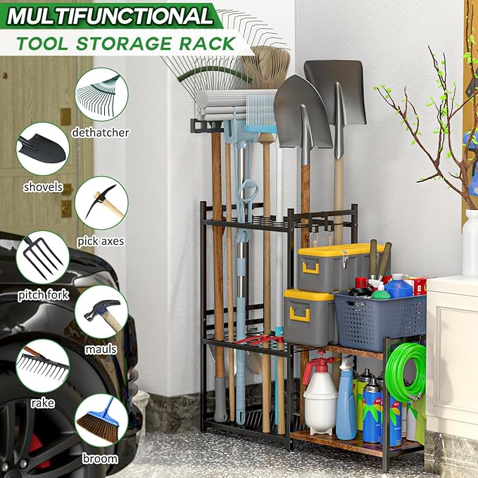 Garage Tool Organizer with 2-tier Wooden Shelves, Yard Tool Organizer for Gar...