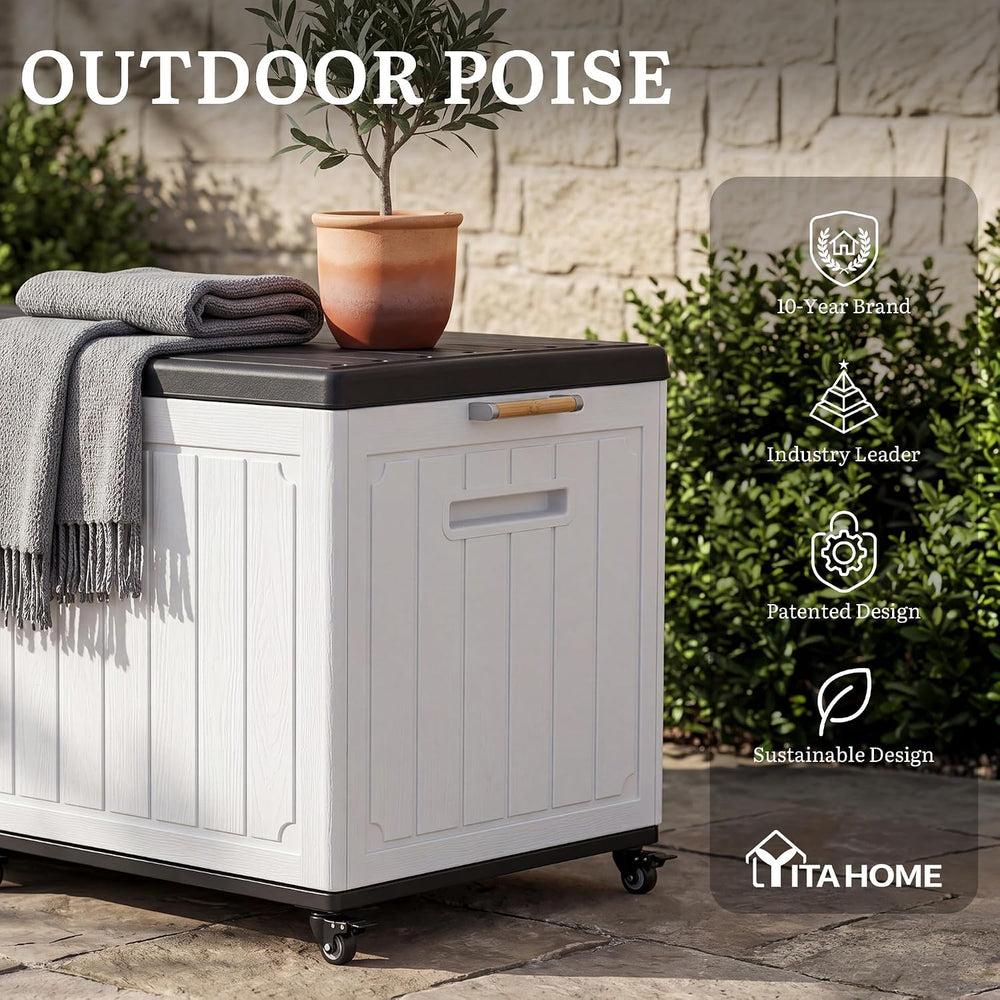 YITAHOME 90 Gallon Outdoor Storage Box with 6 Swivel Wheels & Dual Wooden