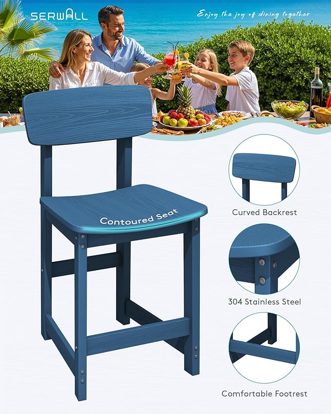 SERWALL 3-Piece Outdoor Counter Height Bar Set, HDPE Patio Bar Table with Win...