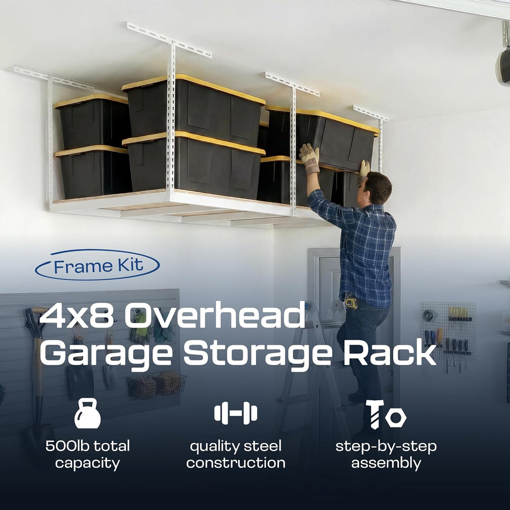 MonsterRax 4x8 Overhead Storage Rack Frame Kit, White, 24”-45” Height