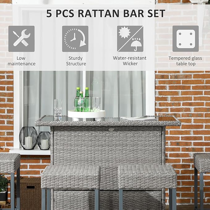 Outsunny 5 Piece Wicker Outdoor Bar Set, High Top Outdoor Table and Chairs, B...