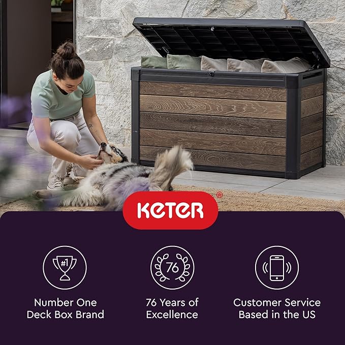 Keter Walnut 100 Gallon Resin Deck Box-Organization and Storage for Patio Fur...