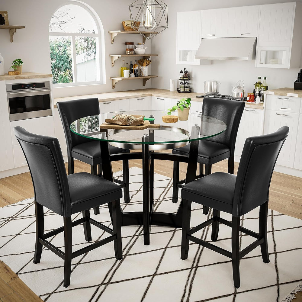 PADMA HOUSE Glass Pub Dining Set for 4, 45" Round Table + 4 Black PU Stools