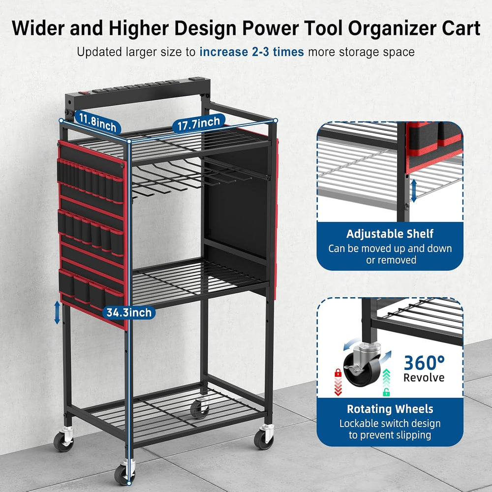 JUNNUJ Power Tool Charging Organizer Cart, 8 Outlet 3 USB, 6 FT Cord, Red