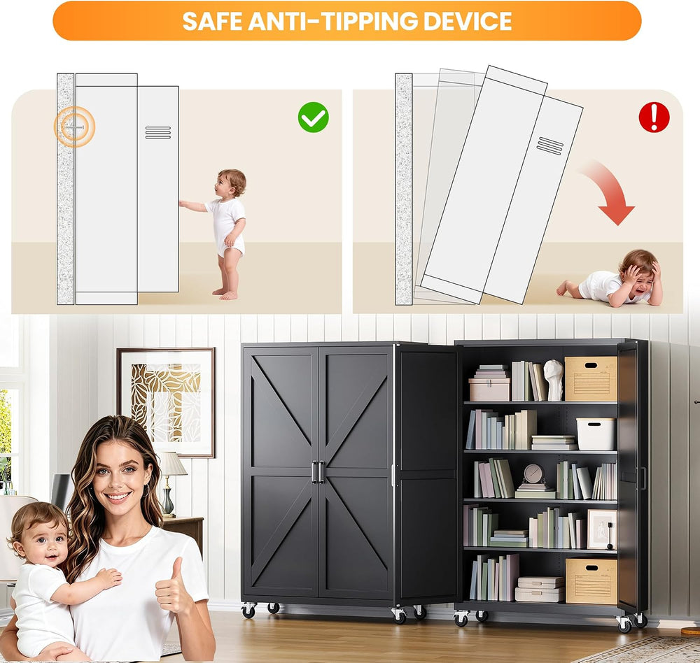 Deep & Wide Rolling Garage Storage Cabinets with Wheels & 2 Barn Door