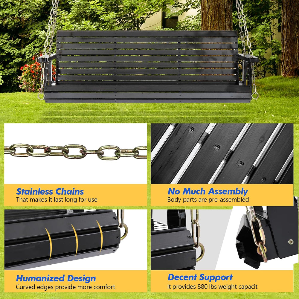 Bonnlo 5FT Black 880LBS Porch Swing, Wooden Bench with Adjustable Safe Chains