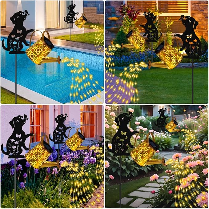 Solar Lights Outdoor Decorative, Watering Can with Cascading Lights, with Dog...