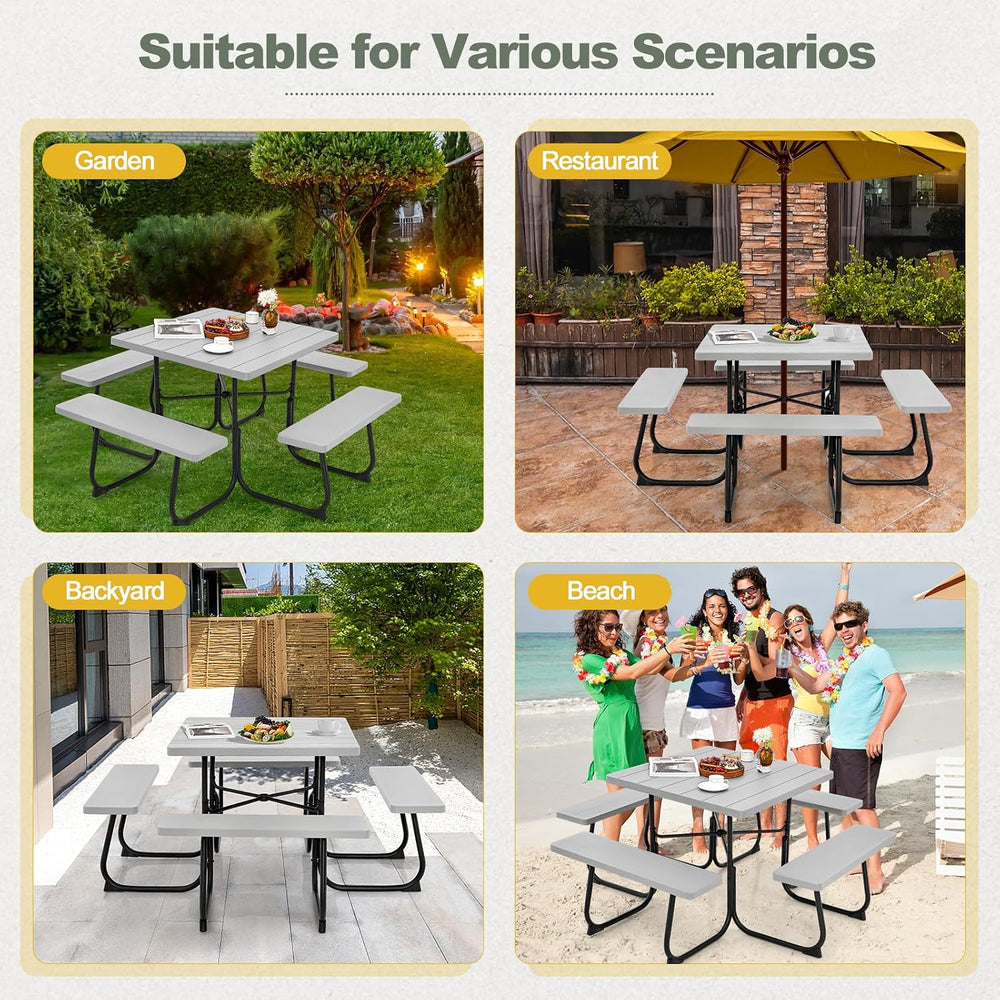 Tangkula 8 Person Square Picnic Table with 4 Built-in Benches, Grey