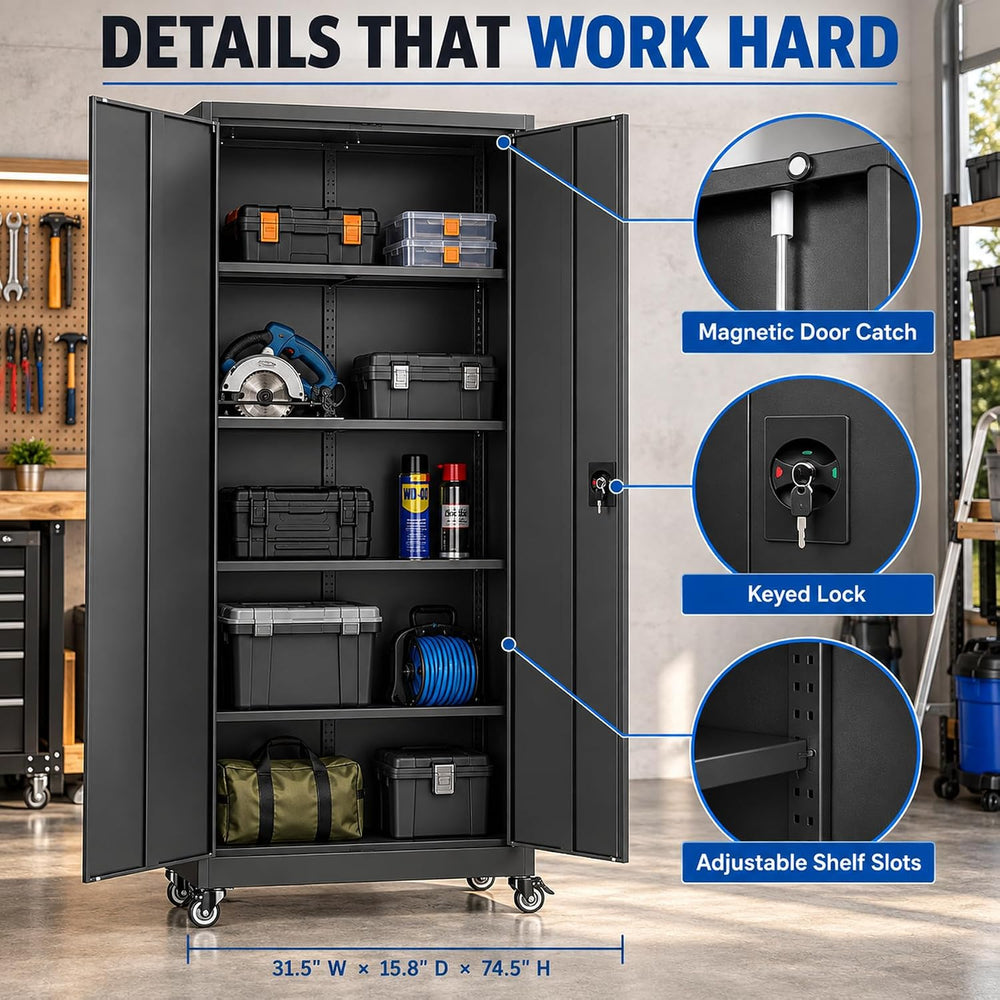 BYNSOE Metal Garage Storage Cabinet with Wheels,Metal Storage Cabinet with Ad...